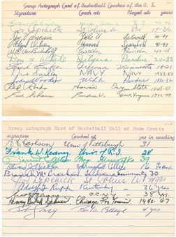 Basketball All-Time Great Coaches Signatures Collection (22) – Presented on Index Cards and FDC, Including Joe Lapchick (2), Bob Cousy, John Wooden, Adolph Rupp and Branch McCracken (JSA)